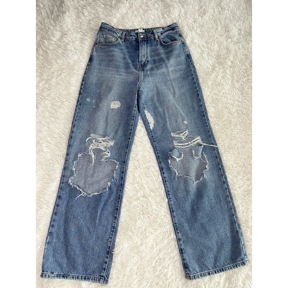 Forever 21 Womens Distressed Stretchy Wide-Legged Medium Wash High Rise Jeans 28